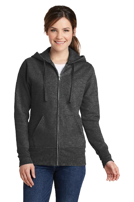 Women's Hooded CardiganPort & Company Womens Core Pill Resistant Fleece Full Zip Hooded Sweatshirt Hoodie w/ Pockets - Heather Dark Grey