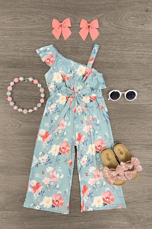 Women's Jumpsuits with Collarless DesignLight Blue One Shoulder Floral Jumpsuit