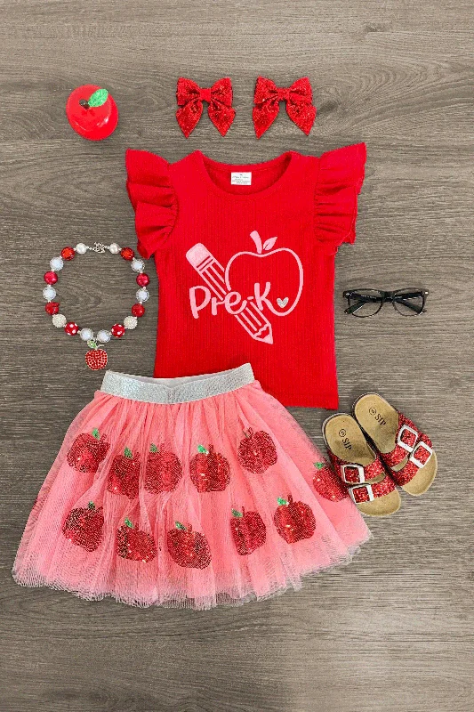 Women's Flared Skirts"Pre-K - 4th Grade" Pink Apple Tutu Skirt Set