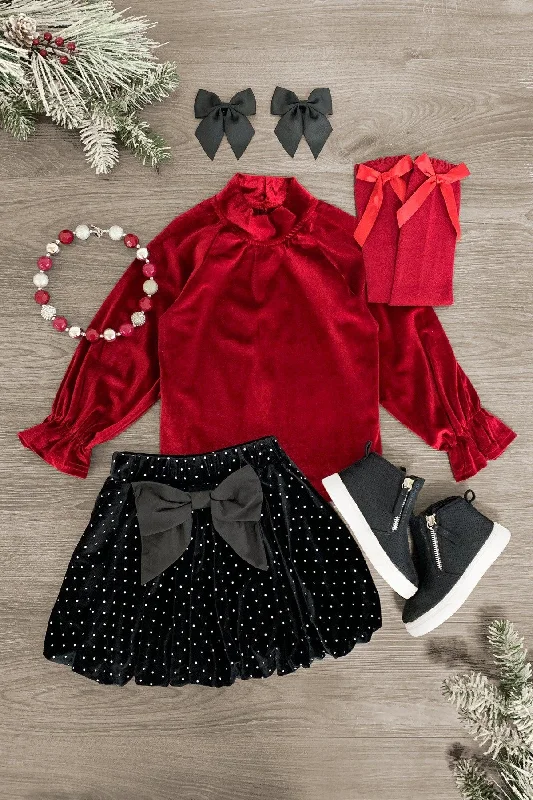 Women's Collarless SkirtsRed Velvet Polka Dot Glitter Skirt Set