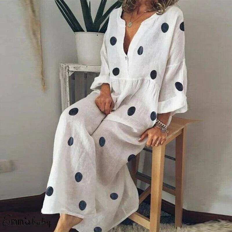 Women's Rounded Collar DressesFashionSierra - Plus Size Women Boho V-neck Long Shirt Dress Ladies Long Sleeve Casual Summer Holiday Polka Dot Loose Maxi Dress