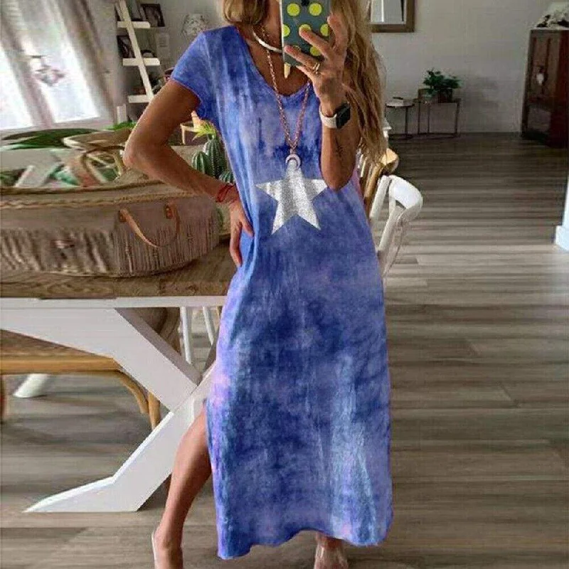 Women's Keyhole-Back DressesFashionSierra - Fashion Women Tie-dye Long Maxi Loose Dress Ladies Short Sleeve V Neck Summer Holiday Party Beach Sundress