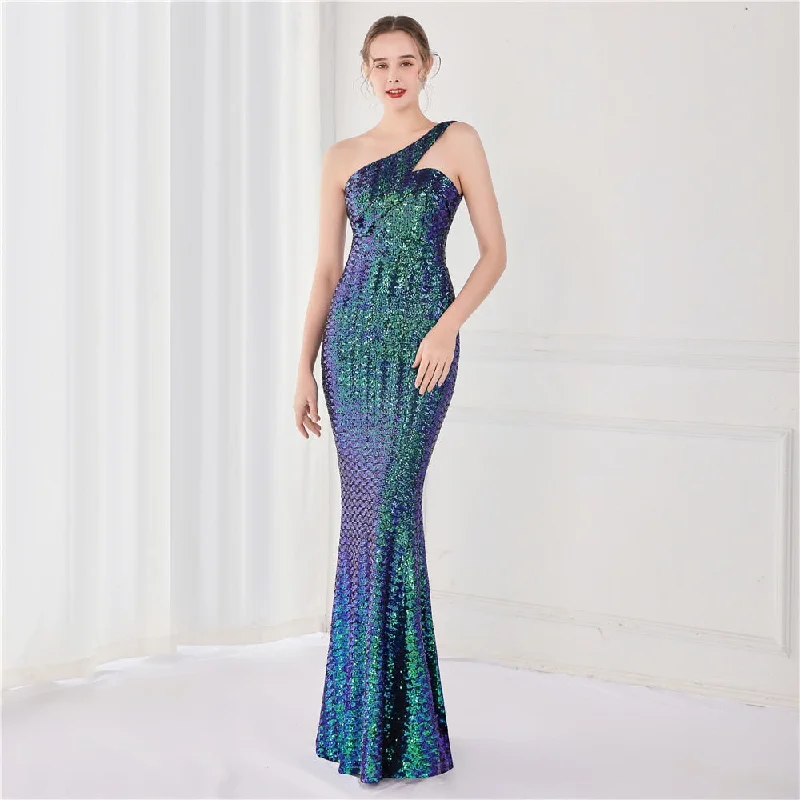 Women's Mandarin-Neck DressesBerriesJam - 2024 One Shoulder Sleeveless Sequin Party Formal Maxi Dress