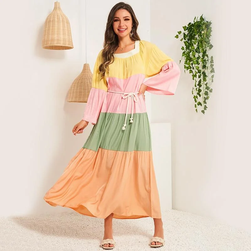 Women's Narrow Collar DressesFashionSierra - Summer Women Dress Multicolor Stitching Flared Long Sleeves Sashes Belted Bohemian Holiday Casual Elegant Maxi Dresses