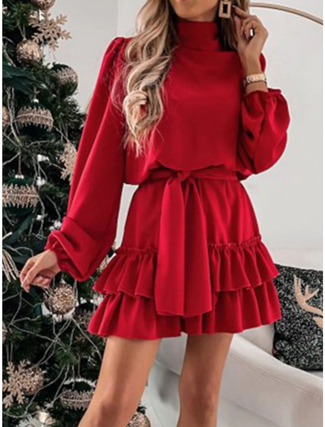 Women's Shirt Collar DressesWomen's Red Christmas Party Dress Homecoming Dress Cocktail Dress Black Red Green Long Sleeve Lace up Stand Collar Fashion Winter Dress