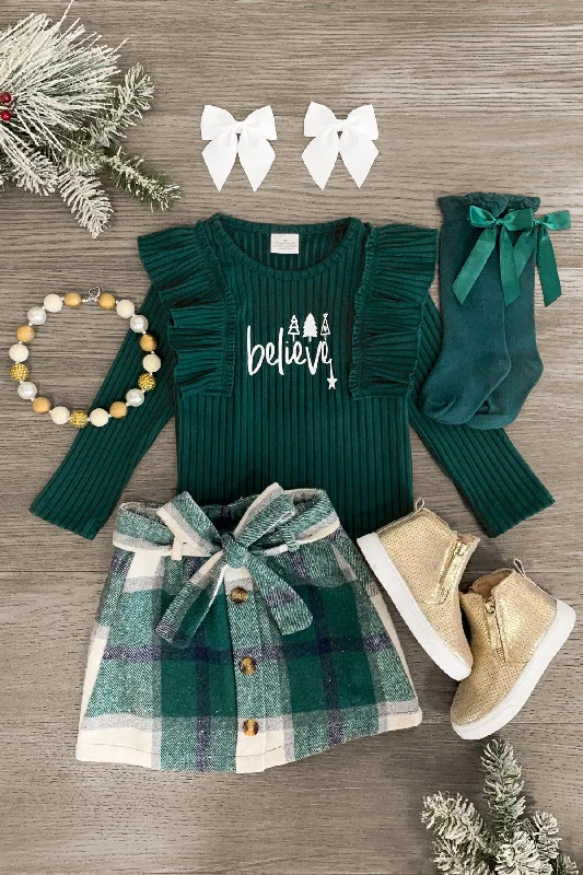 Women's Warm Skirts"Believe" Green Flannel Skirt Set