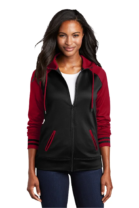 Women's Hooded Sweatshirts with Ribbed LiningSport-Tek Womens Sport-Wick Moisture Wicking Fleece Hooded Sweatshirt Hoodie w/ Pockets - Black/Deep Red