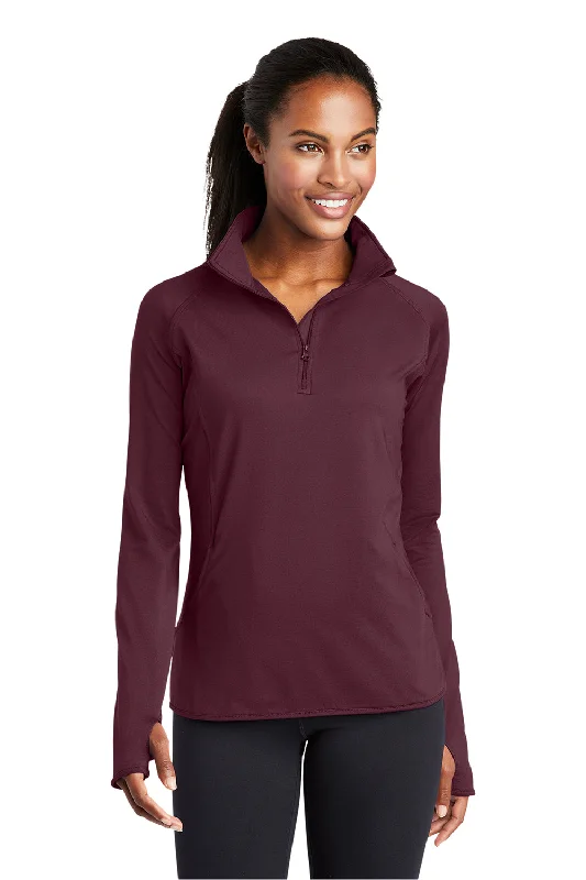 Women's Hooded Sweatshirts with Jacquard LiningSport-Tek Womens Sport-Wick Moisture Wicking 1/4 Zip Sweatshirt w/ Pouch Pocket - Maroon