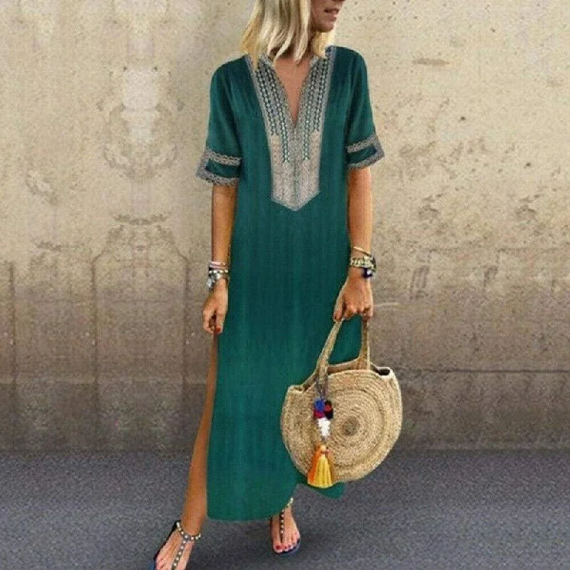 Women's Gathered DressesFashionSierra - Women's Bohemian Floral Print Split Cotton Linen Maxi Dress Deep V Neck Long Sleeve Summer Casual Party Dresses Plus Size