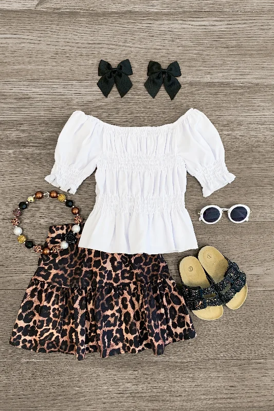 Women's Casual Chic SkirtsWhite Cinch Top & Leopard Skirt Set