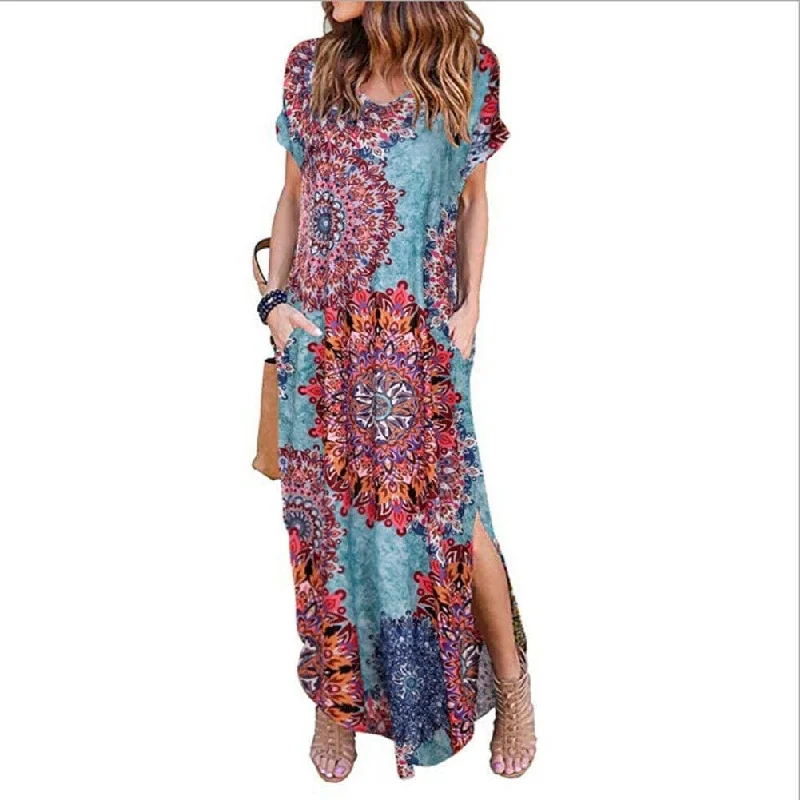 Women's Turtleneck DressesFashionSierra - Women's Boho Pocket Long Maxi Dress Floral Cocktail Party Summer Beach Casual V Neck Split Loose Dress Sundress