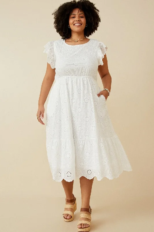 Women's Lapel Collar DressesBailey Floral Eyelet Midi Dress, Off White | Plus Size