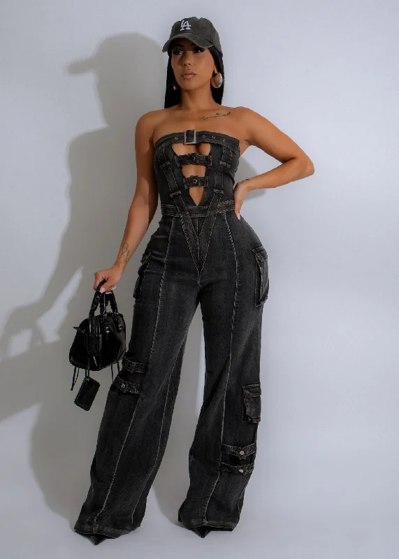 Women's Jumpsuits with Keyhole CollarSteel Rebel Cargo Denim Jumpsuit Black