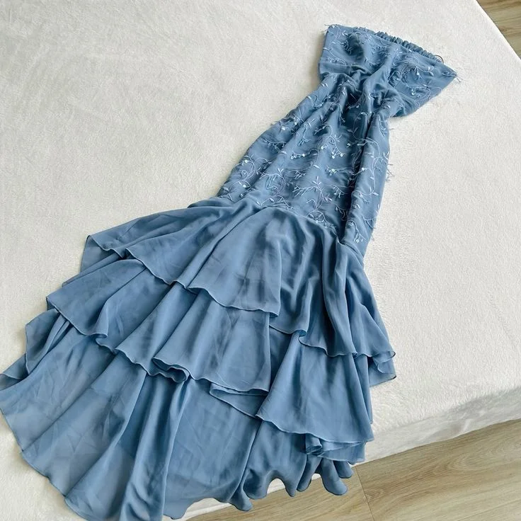 Women's Cap-Sleeve DressesBlue Strapless Sleeveless Long Formal Party Dress Chiffon Long Prom Dress       S5920