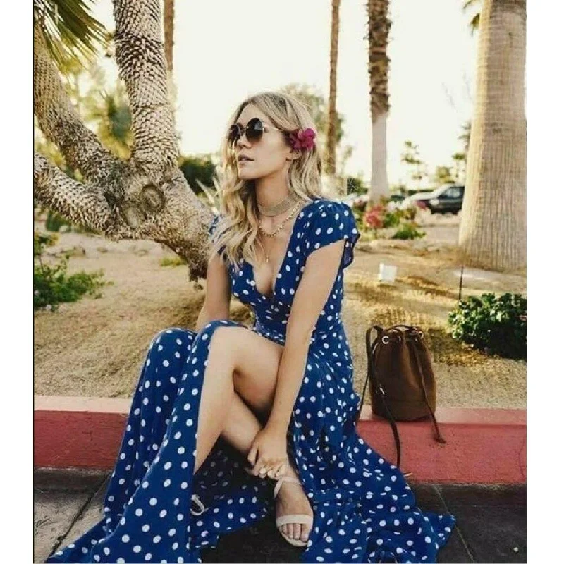 Women's Wide-Neck DressesFashionSierra - Women Wrap Summer Boho Polka Dot Maxi Dress Casual Ladies Short Sleeve V Neck Holiday Beach Long Sundress Plus Size