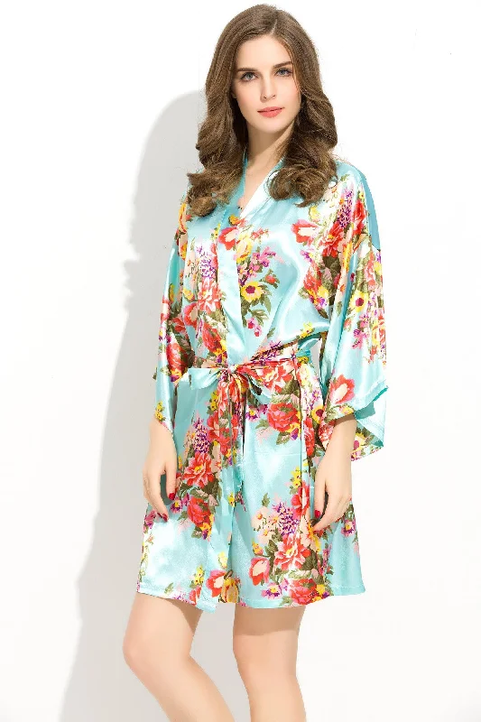 women's pajamas with an adjustable necklineMint-Blue Floral Bridesmaid Robes Kimono