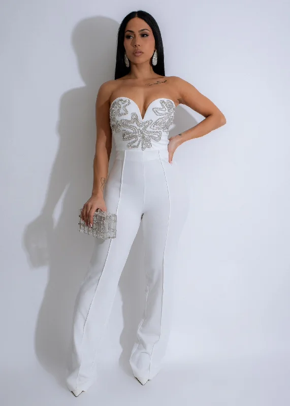 Women's Jumpsuits with U-Shaped CollarCelestial Bloom Rhinestones Jumpsuit White