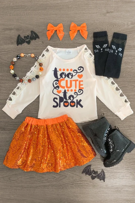 Women's Pleated Skirts"Too Cute To Spook" Orange Sequin Skirt Set