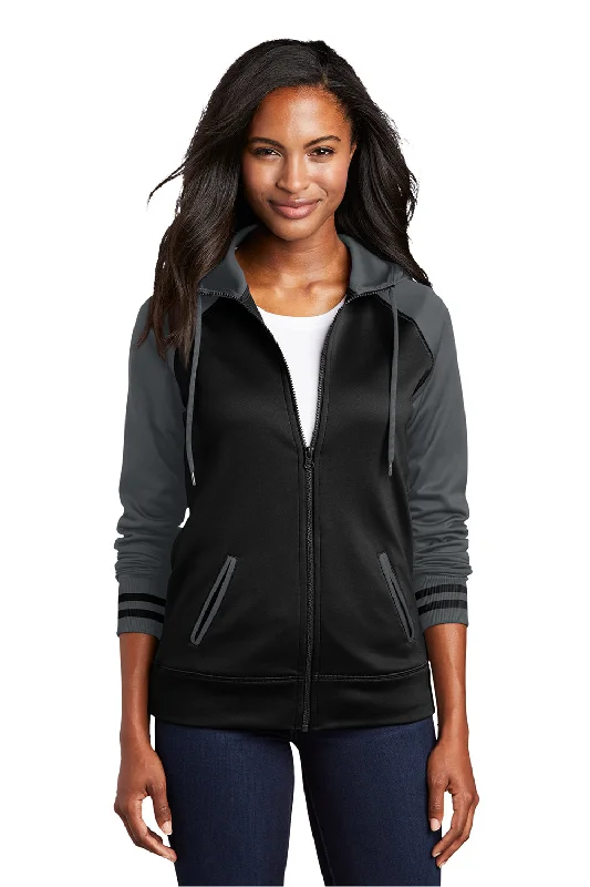 Women's Hooded Sweatshirts with Mediumweight FabricSport-Tek Womens Sport-Wick Moisture Wicking Fleece Hooded Sweatshirt Hoodie w/ Pockets - Black/Dark Smoke Grey