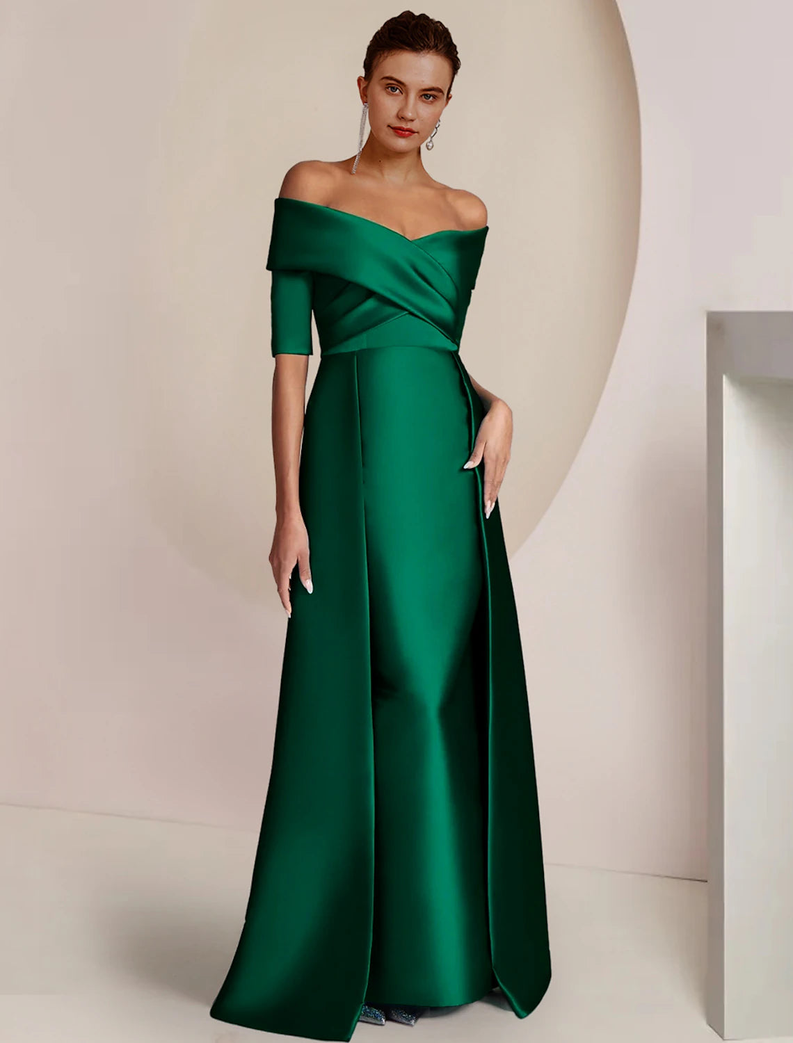 Women's Racerback DressesSheath / Column Mother of the Bride Dress Formal Wedding Guest Party Elegant Formal Party Satin Half Sleeve Off Shoulder Floor Length with Overskirts Ruching