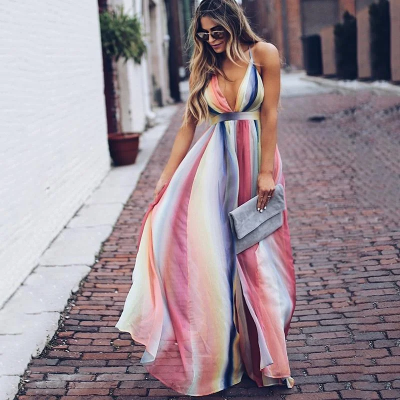 Women's Lapel Collar DressesFashionSierra - Halter long chiffon dress Bohemian rainbow printed women maxi dress Fashion v neck club party dresses vestidos mujer