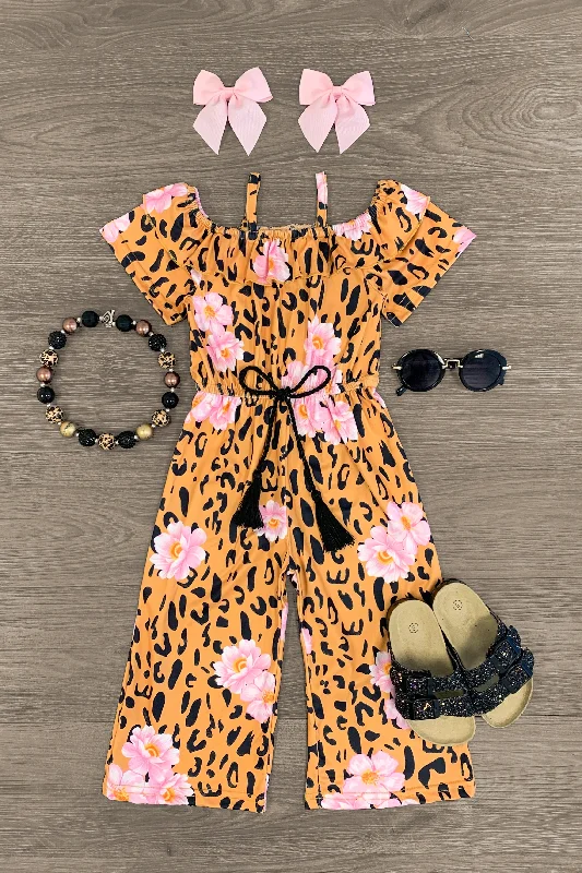 Women's Jumpsuits with Straight HemTropical Floral Cheetah Jumpsuit