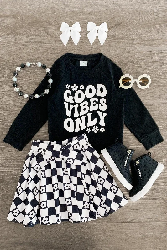 Women's Frayed Hem Skirts"Good Vibes Only" Black Checkered Skirt Set