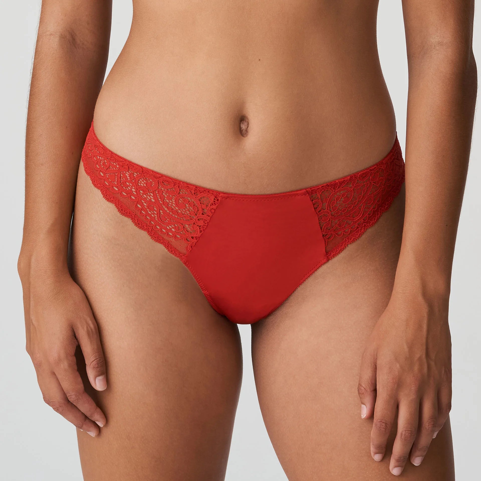 lightweight mesh panties with a floral lace overlay for a feminine lookPrima Donna Twist Thong - I Do - Red , Nude