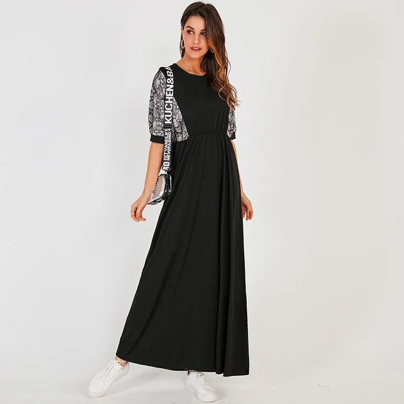 Women's Shawl Collar DressesFashionSierra - Summer New Women Long Dress Black Casual Fashion Snake Print Stitching Elastic Waist O-neck Half Sleeve Maxi Dresses Robe