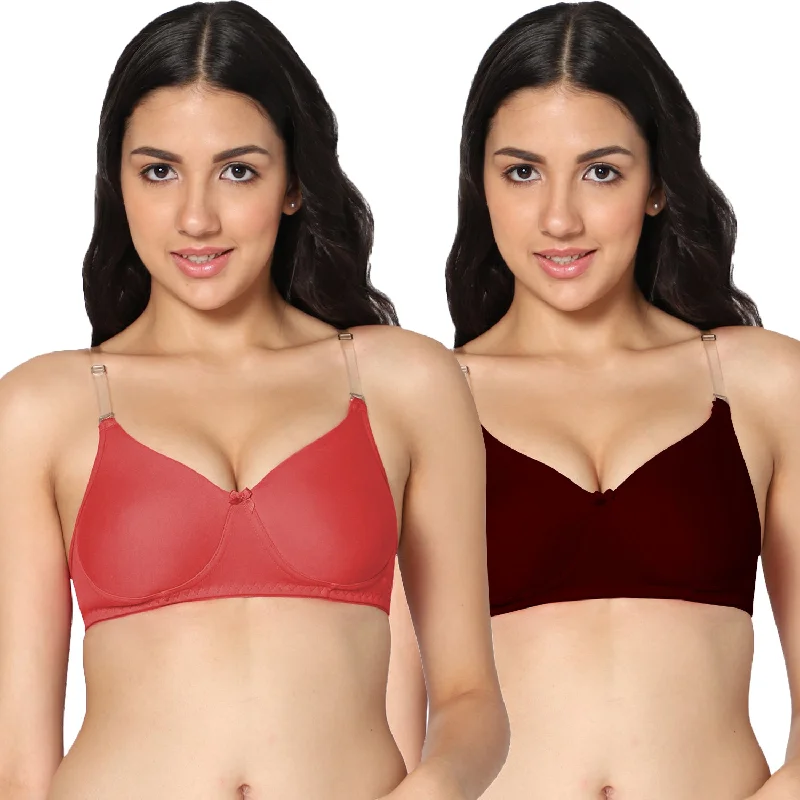 convertible bra with hook-and-eye closureT-shirt Medium Coverage Maroon and Tomato Color Padded Bra (Pack of 2)