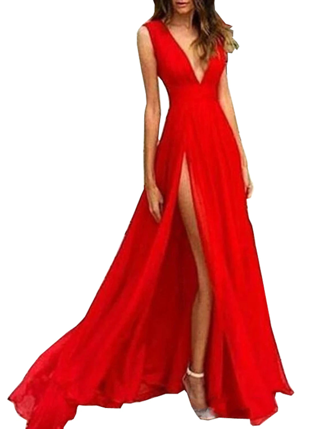 Women's Keyhole Collar DressesA-Line Evening Gown Elegant Dress Wedding Guest Party Wear Floor Length Sleeveless V Neck Chiffon with Slit