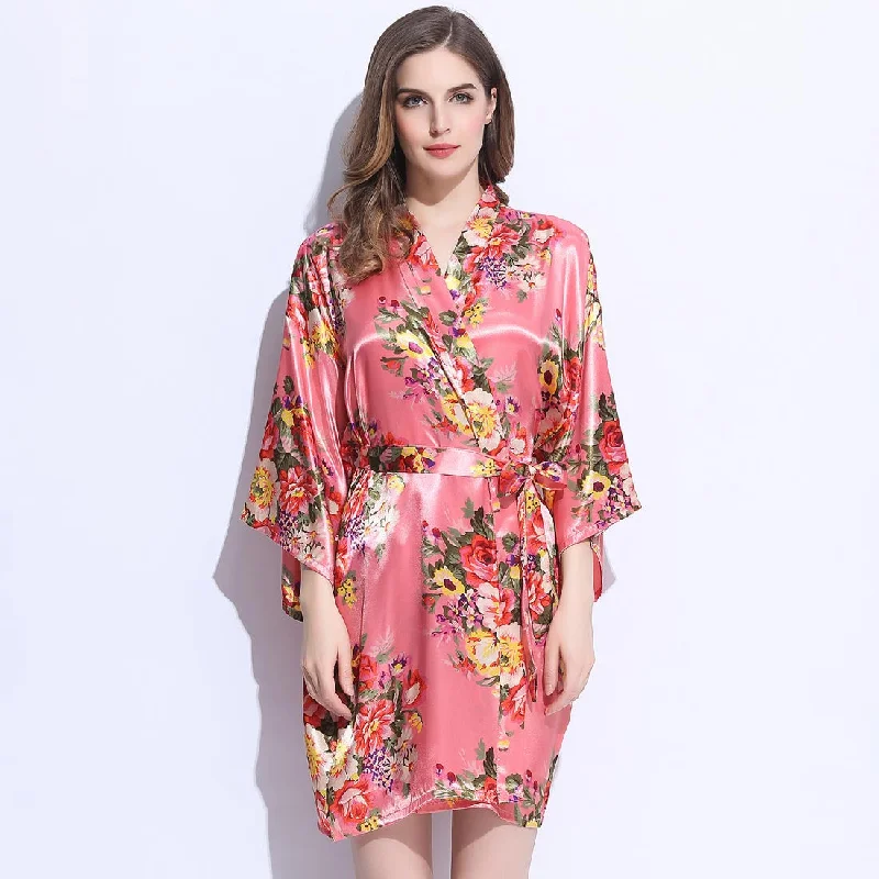 women's button-down pajama shirtsCoral Floral Bridesmaid Robes Kimono