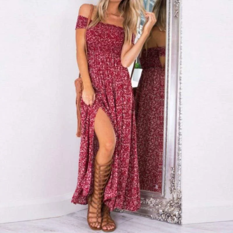 Women's Sheath DressesFashionSierra - New Fashion Women Boho Off shoulder High Waist Short Sleeve Maxi Dress Ladeis Summer Floral Beach Casual Long Sundress