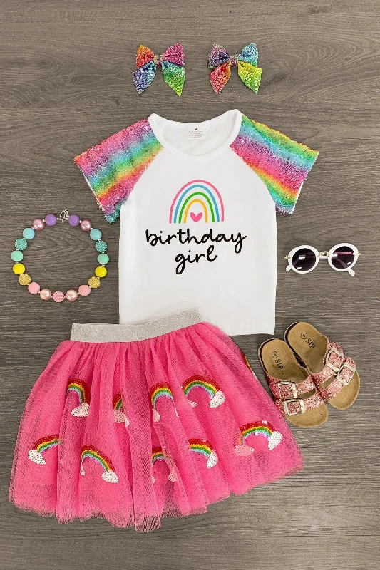 Women's Button-Up Skirts"Birthday Girl" Pink Rainbow Sequin Tutu Skirt Set