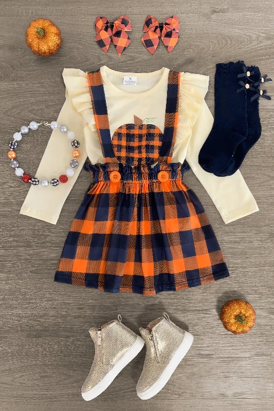 Women's Denim SkirtsOrange Plaid Pumpkin Suspender Skirt Set