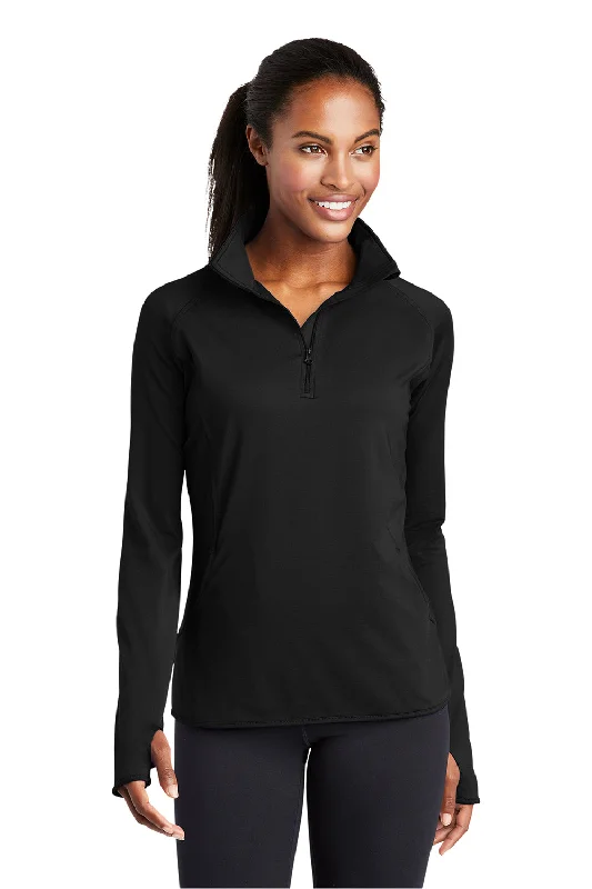 Women's Hooded Sweatshirts with Modal LiningSport-Tek Womens Sport-Wick Moisture Wicking 1/4 Zip Sweatshirt w/ Pouch Pocket - Black