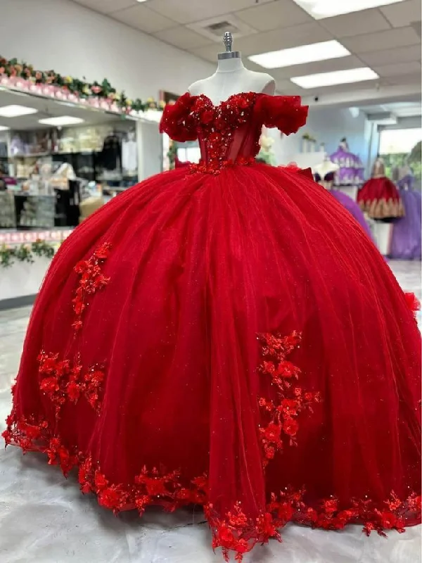 Women's High-Low DressesRed Quinceanera Dresses Beaded Off the Shoulder Sweet 15 16 Prom Party Ball Gown       S5922