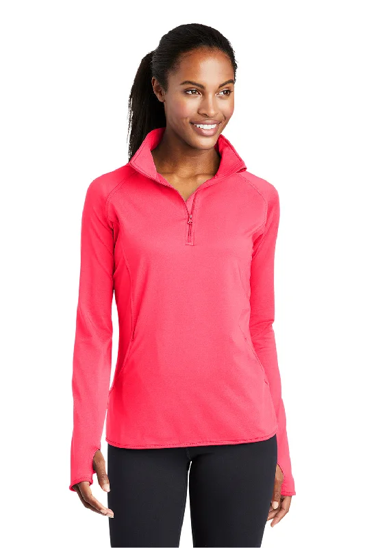 Women's Hooded Sweatshirts with Herringbone LiningSport-Tek Womens Sport-Wick Moisture Wicking 1/4 Zip Sweatshirt w/ Pouch Pocket - Hot Coral Pink