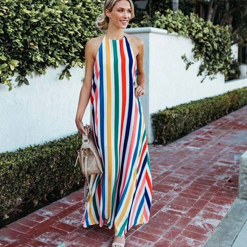 Women's Shirt Collar DressesFashionSierra - HOT Women Sling Backless Dress Summer Sexy Ladies Sleeveless Beach Stripe Evening Party Long Maxi Sundress