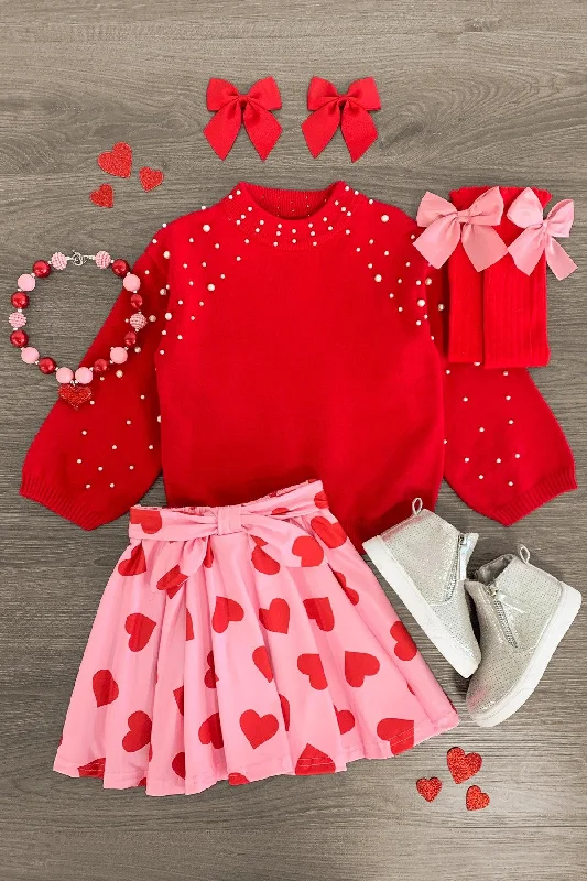 Women's Fitted SkirtsRed Pearl Sweater Hearts Skirt Set