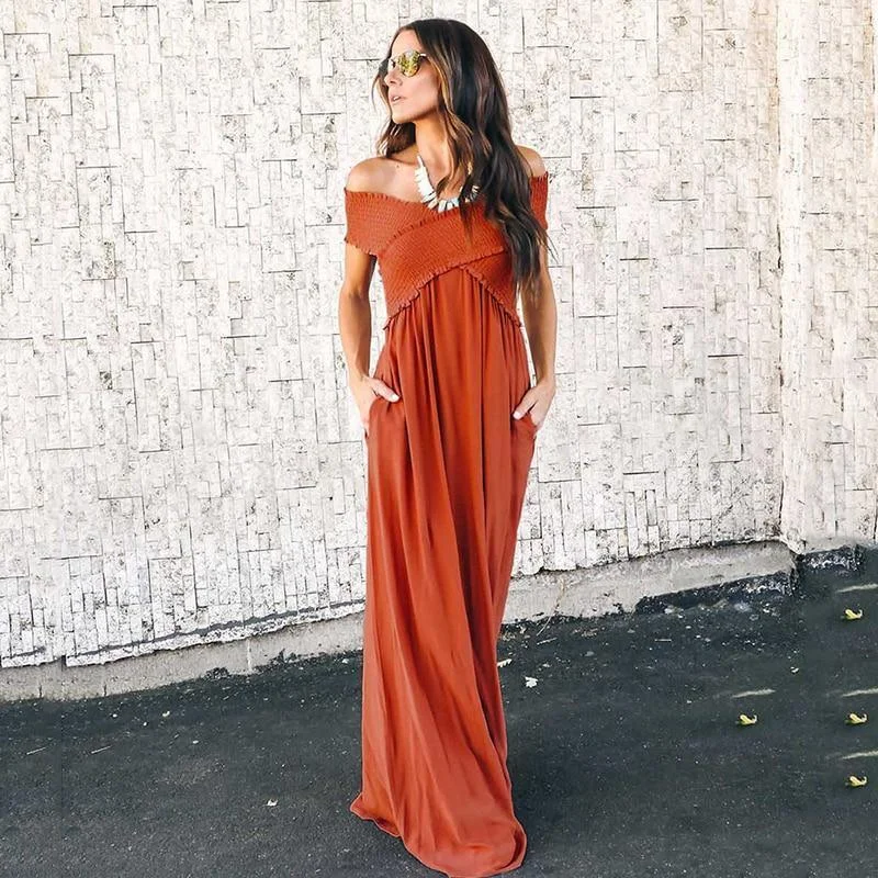 Women's High-Low DressesFashionSierra - Off shoulder long dress women Bohemian high waist chiffon dress Fashion summer pleated dresses Boho maxi vestidos mujer