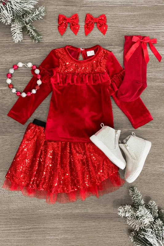 Women's Relaxed Fit SkirtsRed Velvet Tulle Sequin Skirt Set