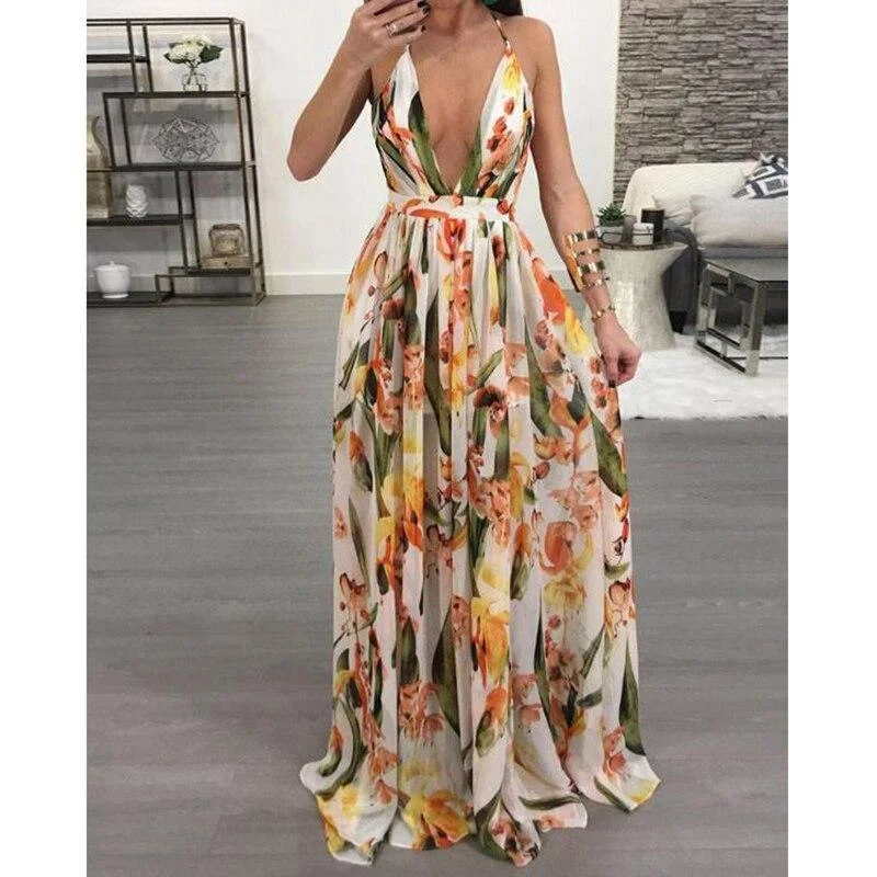 Women's Low-Neck DressesFashionSierra - Floral deep v neck backless maxi dress women Sleeveless flower print bohemian long dress Fashion long summer beach dresses