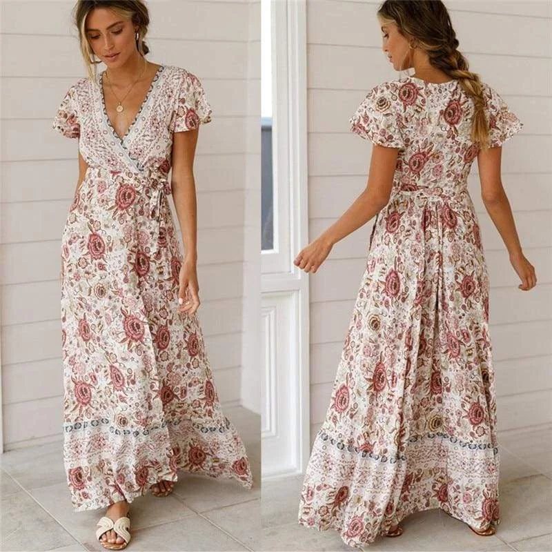 Women's Sweetheart-Neck DressesFashionSierra - Holiday Long Dress Women's Boho Dresses Lady Boho Floral V-neck Long Maxi Dress Summer Beachwear Sundress