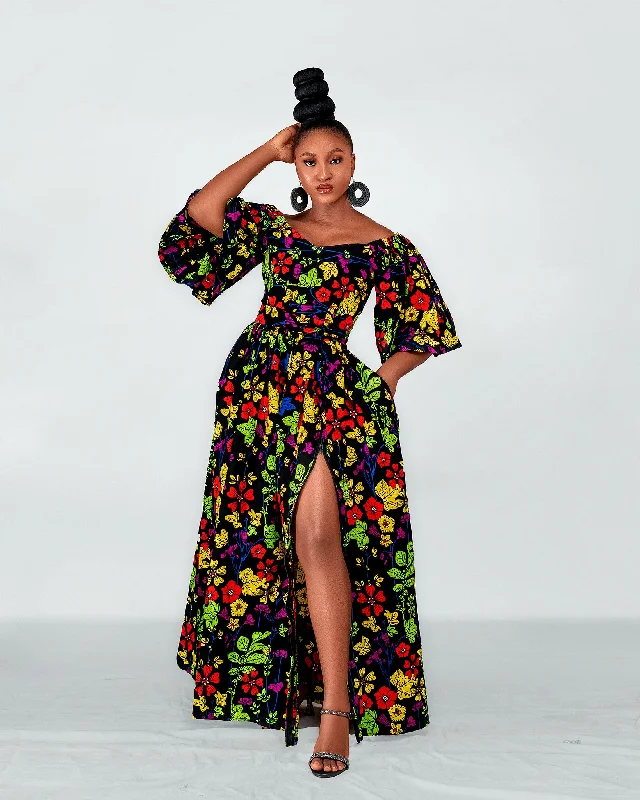 Women's U-Back DressesTess Ankara Off Shoulder Maxi Dress | Green and Pink Multicolored African Print