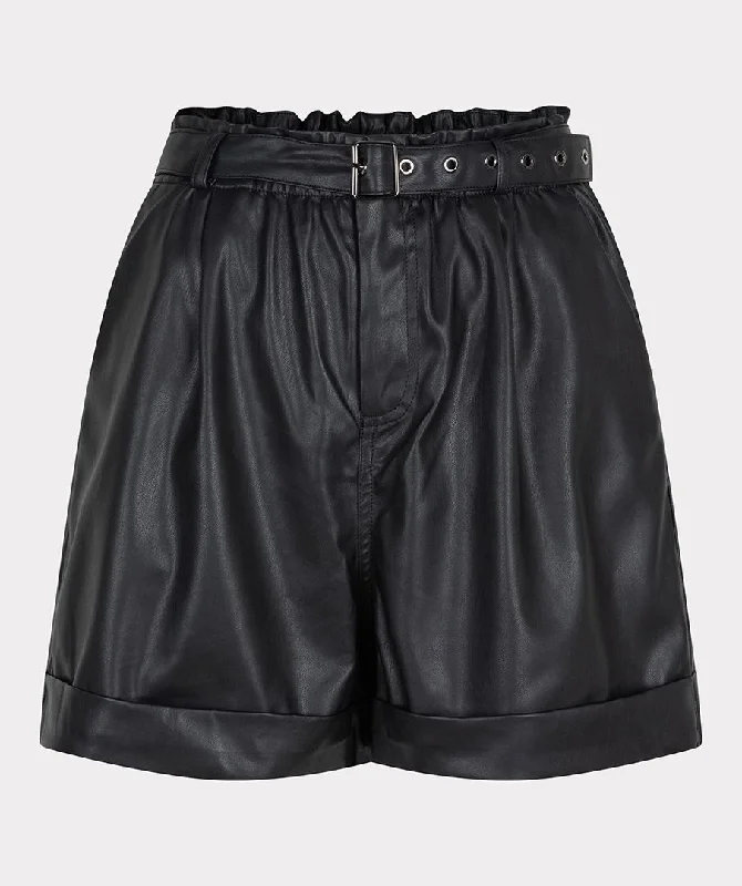 Women's Elastic Waist ShortsEsqualo Black Shorts Vegan Leather