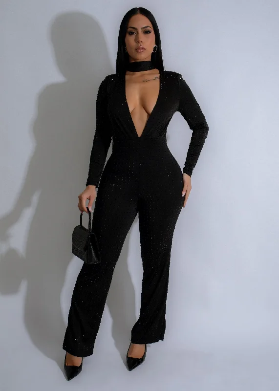 Women's Jumpsuits with Rounded CollarInferno Nights Rhinestone Jumpsuit Black