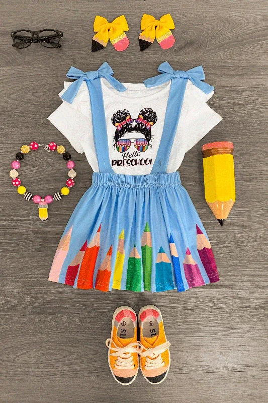 Women's Striped Skirts"Hello Preschool - 4th Grade" Rainbow Pencil Suspender Skirt Set