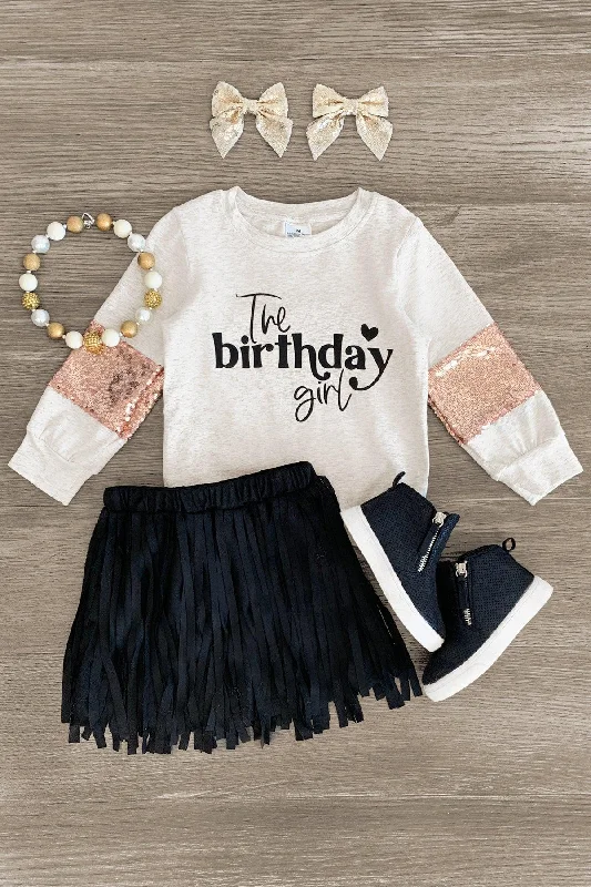 Women's V-Shaped Hem Skirts"The Birthday Girl" Sequins & Fringe Suede Skirt Set