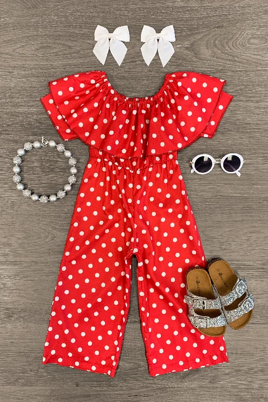 Women's Jumpsuits with DrawstringRed Polka Dot Ruffle Jumpsuit